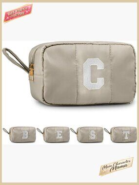 Puffy Cosmetic Bag Personalized Initials Travel Organizer Compartments Nylon